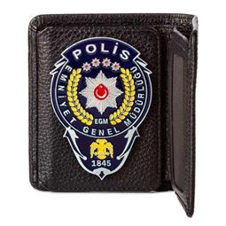 Polis Mavi Sarı Metal Rozetli Klasik Deri Cüzdan