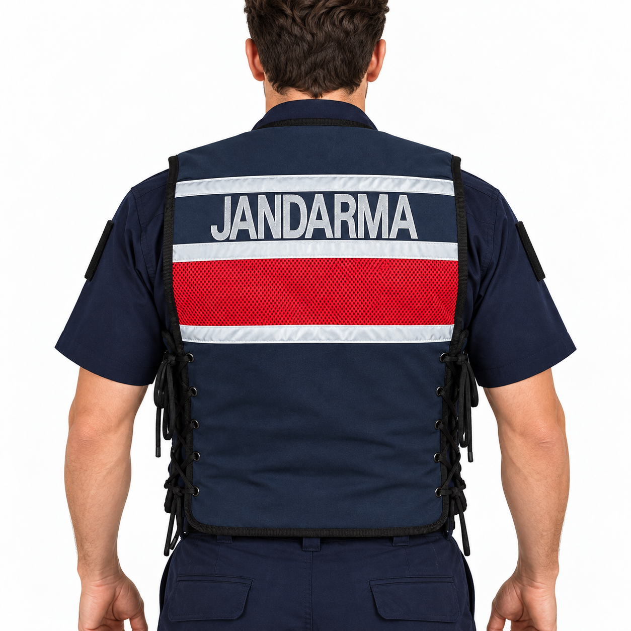 Jandarma asayiş hücum yeleği arka görünümü, reflektörlü Jandarma yazısı ve kırmızı file detay