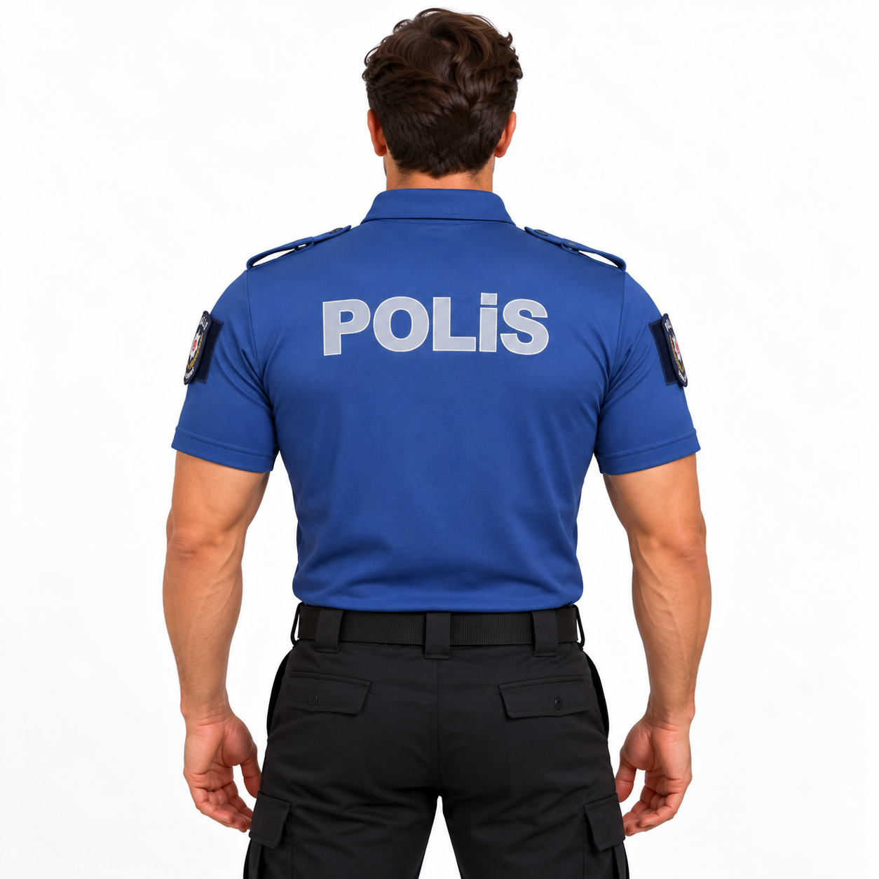 Mavi polis tişörtü arkadan görünüm, sırtta büyük POLİS yazısı ve omuz apoletleri