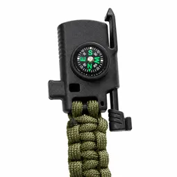 Haki paracord bileklik klips üzerindeki pusula düdük ve magnezyum çubuğu detayı