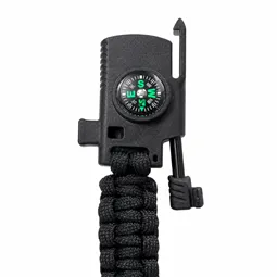 Siyah paracord bileklik klips üzerindeki pusula düdük ve magnezyum çubuğu detayı