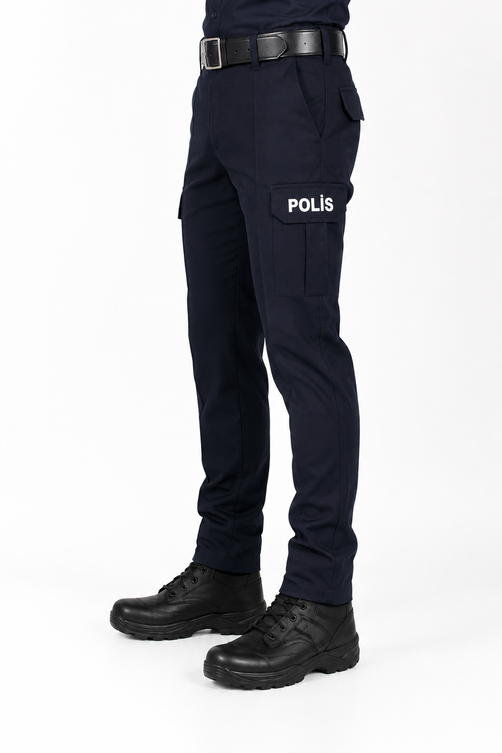 Lacivert polis pantolonu yan cep ve POLİS yazısı