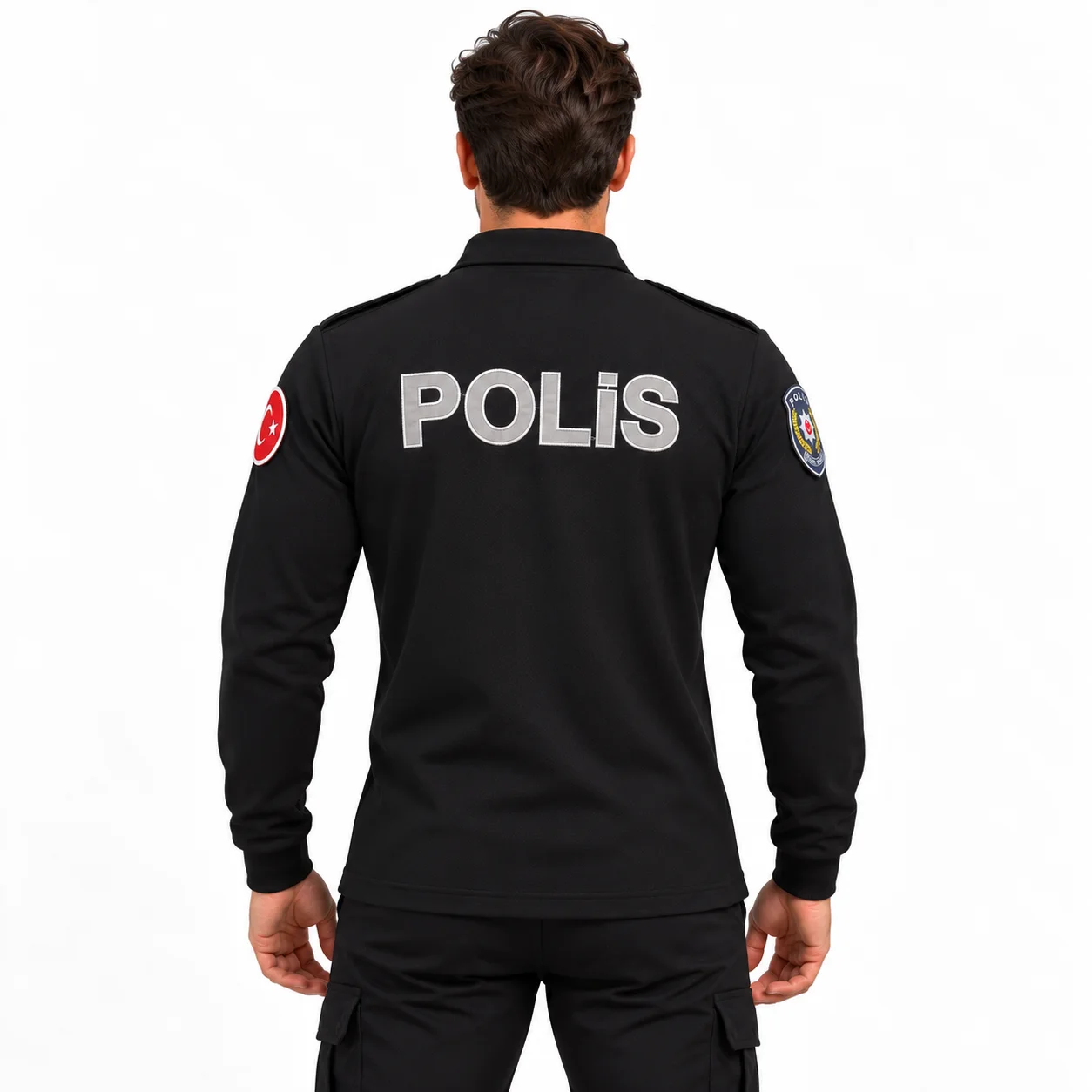 Siyah polis sweat arkadan görünüm, sırtta büyük POLİS yazısı ve kol armaları