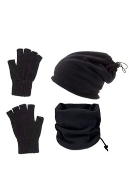 Termal Kesik Parmak Polar Eldiven & 2 Adet Termal Polar Bere-Boyunluk 3'lü Set