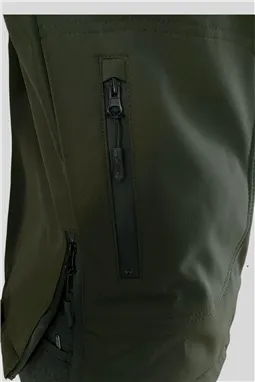Tactical Softshell Mont Su Geçirmez haki renk önden görünüm yandan fermuar detayı