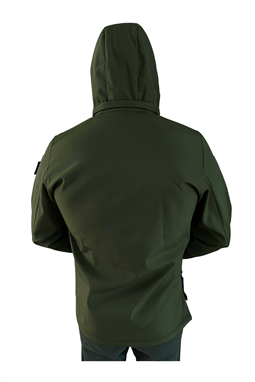 Tactical Softshell Mont Su Geçirmez haki renk arkadan ve kapüşon detayı