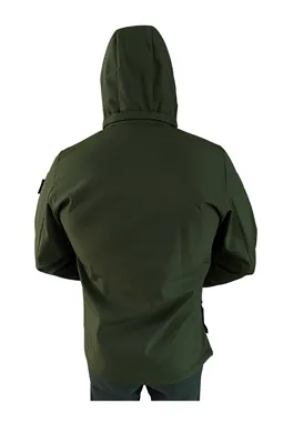 Tactical Softshell Mont Su Geçirmez haki renk arkadan ve kapüşon detayı