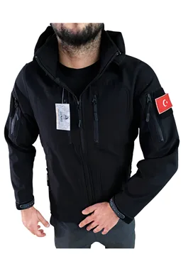 siyah tactical softshell mont su geçirmez cep ve kol detayı