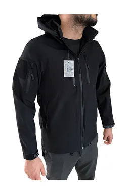 siyah tactical softshell mont su geçirmez çapraz görünüm