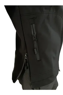 siyah tactical softshell mont su geçirmez fermuar ve yandan görünüm