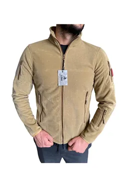 çöl sarısı bej taktik polar mont polar kumaş dokusu detayı