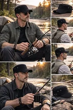 siyah askeri taktik castro kep şapka kumaş ve dikiş detayı