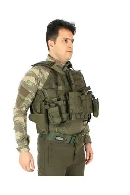 Haki taktik hücum yeleği tabanca kılıfı ve telsiz cebi detayı
