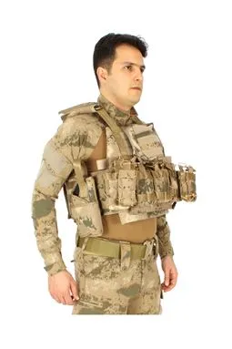 Jandarma kamuflaj taktik hücum yeleği tabanca kılıfı ve telsiz cebi detayı