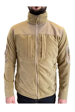 çöl sarısı bej taktik softshell polar mont su geçirmez kumaş ve fermuar detayı