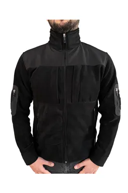 siyah taktik softshell polar mont su geçirmez kumaş ve fermuar detayı