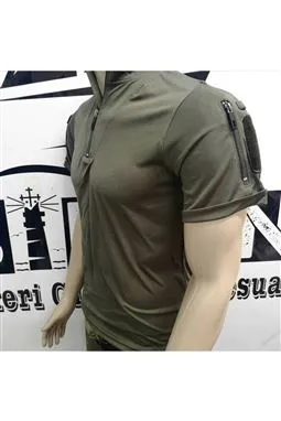 Taktik pusu tişört haki renk fermuarlı yaka detayı