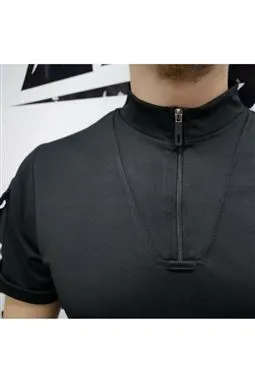 Taktik pusu tişört siyah renk fermuarlı yaka detayı