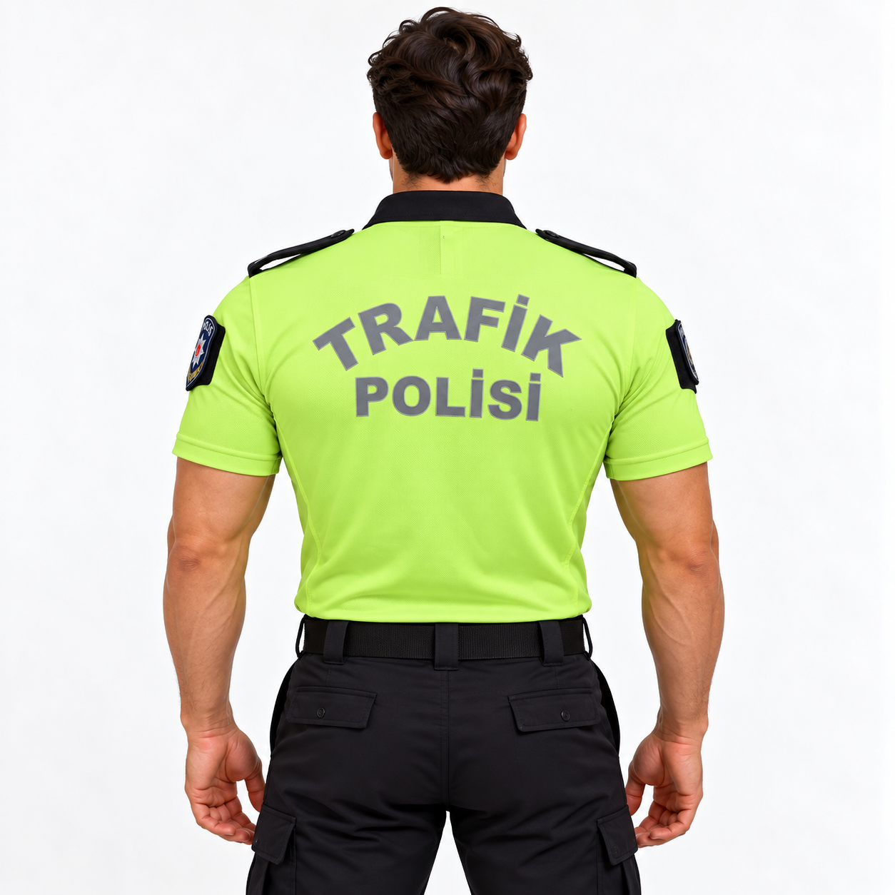 Trafik polis tişörtü arkadan görünüm, sırtta TRAFİK POLİSİ yazısı ve siyah omuz apoletleri